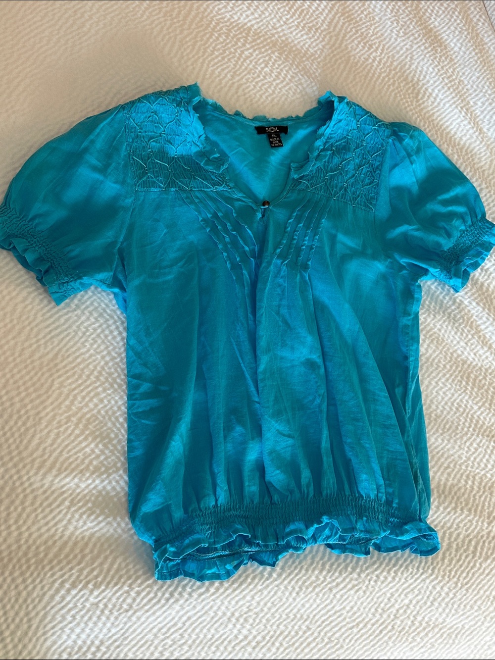 SOL Teal Short-Sleeve Smocked Yoke Blouse